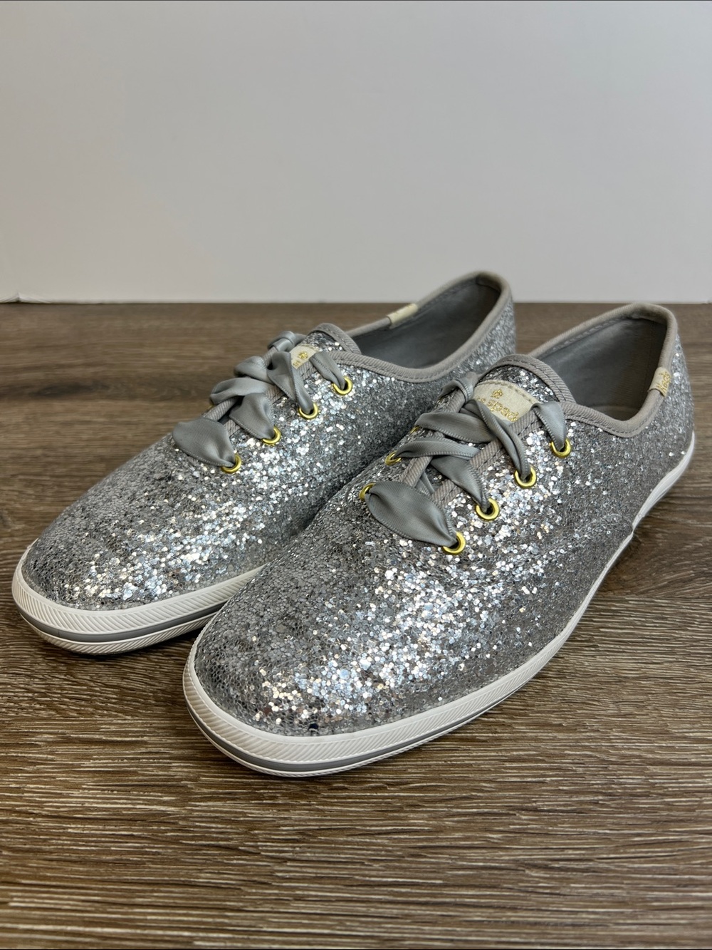 Keds x Kate Spade Silver Glitter Sneakers | Ribbon Lace Shoes | Women’s Size 8